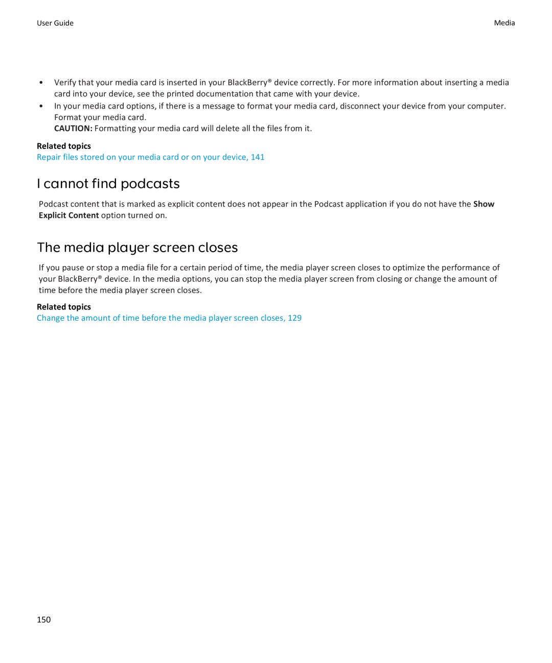 Blackberry 9105, 9100 manual Cannot find podcasts, Media player screen closes, 150 