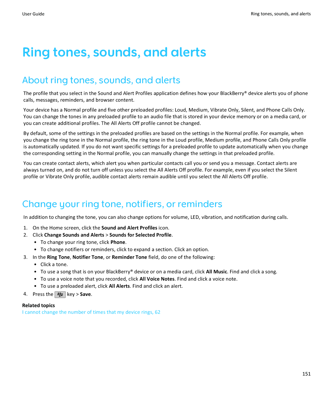 Blackberry 9100, 9105 manual Ring tones, sounds, and alerts, About ring tones, sounds, and alerts, 151 