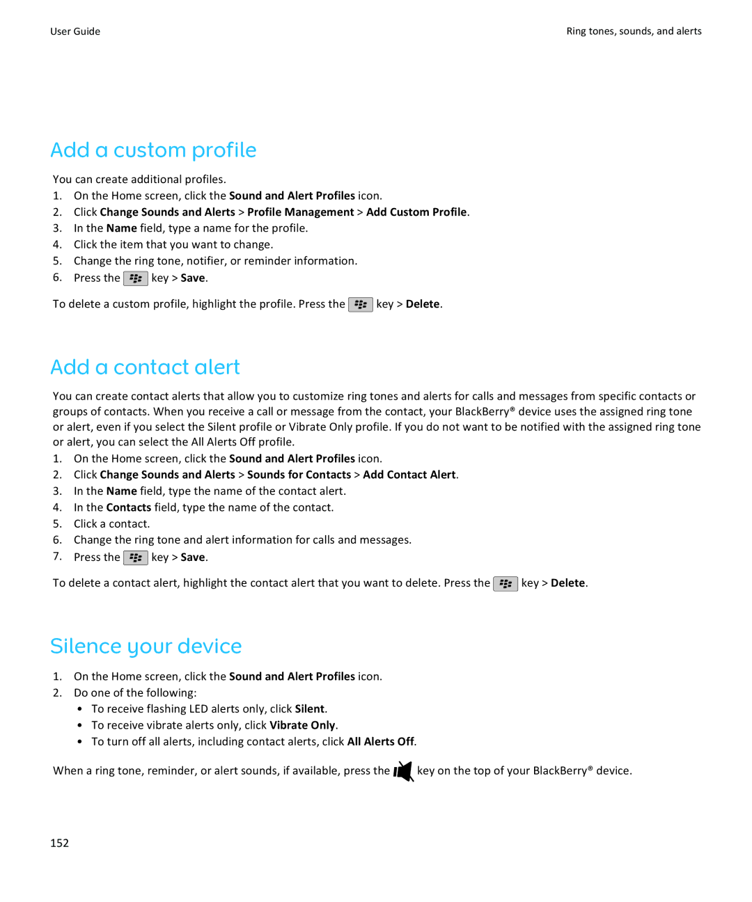 Blackberry 9105, 9100 manual Add a custom profile, Add a contact alert, Silence your device 