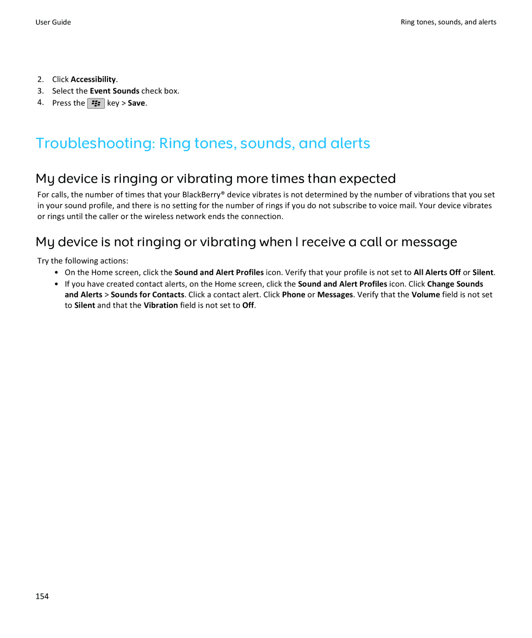 Blackberry 9105 Troubleshooting Ring tones, sounds, and alerts, My device is ringing or vibrating more times than expected 