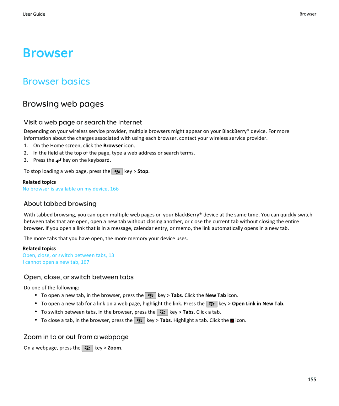 Blackberry 9100, 9105 manual Browser basics, Browsing web pages 