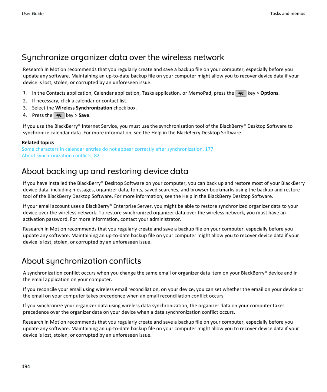 Blackberry 9105, 9100 manual Synchronize organizer data over the wireless network 