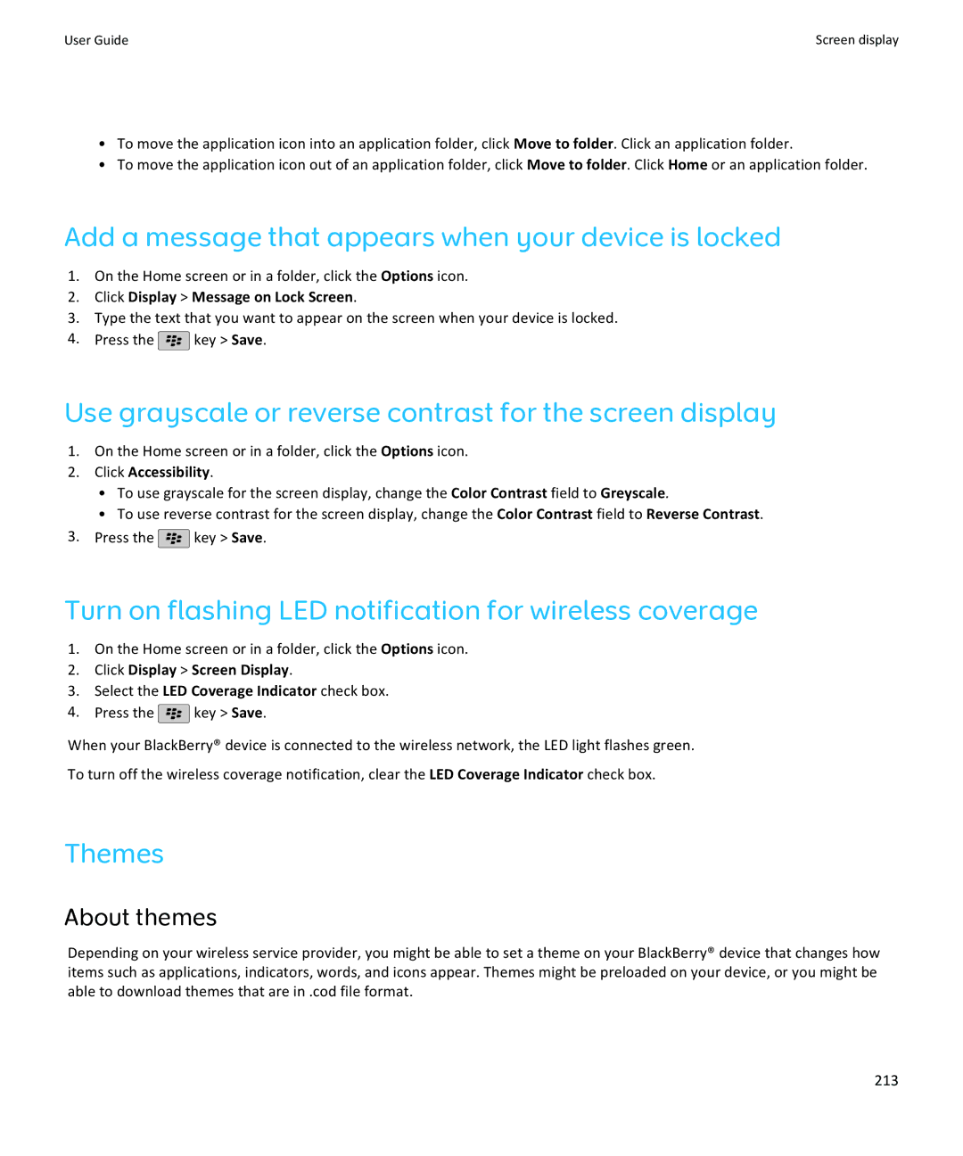 Blackberry 9100, 9105 manual Add a message that appears when your device is locked, Themes, About themes 