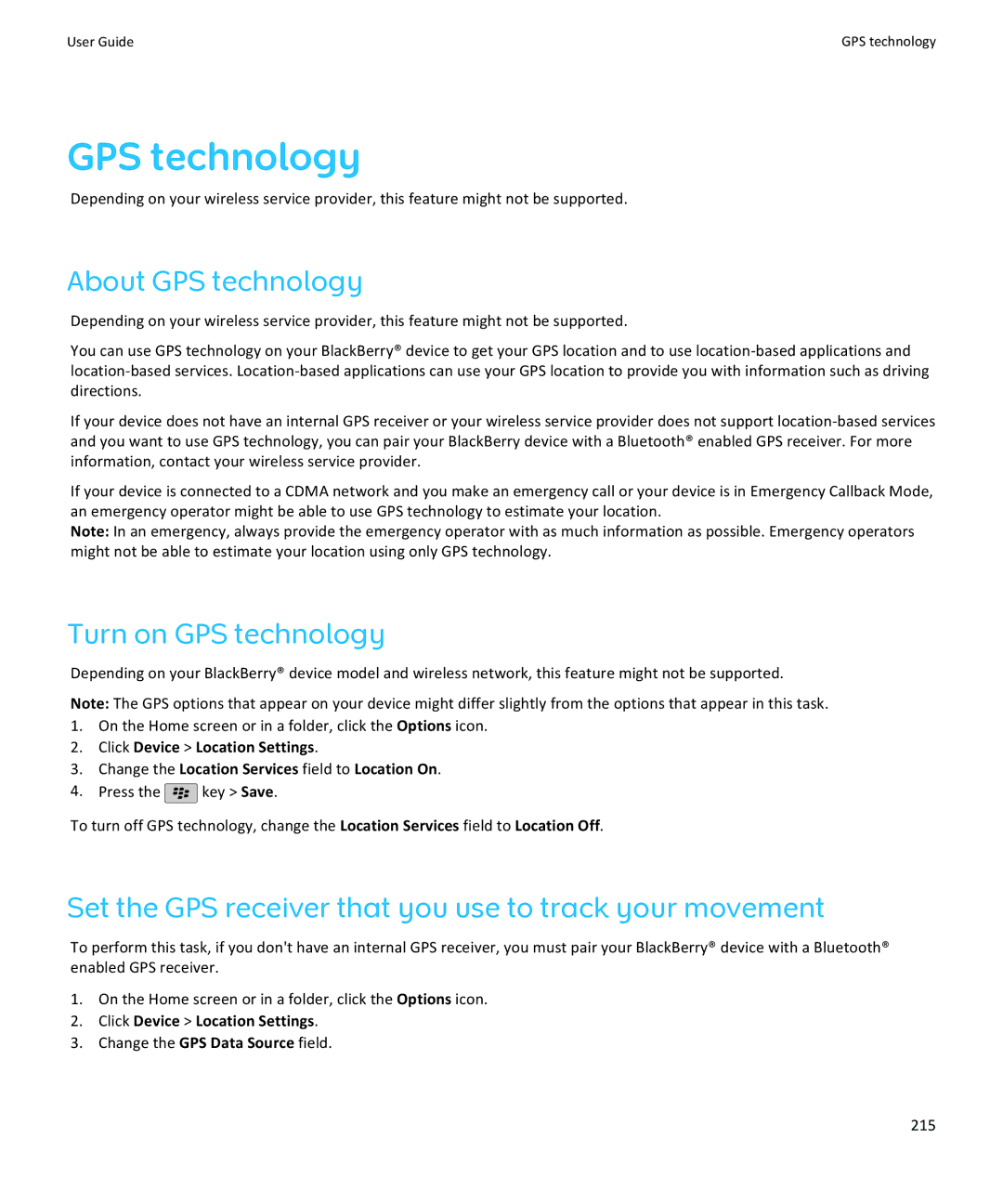 Blackberry 9100 About GPS technology, Turn on GPS technology, Set the GPS receiver that you use to track your movement 