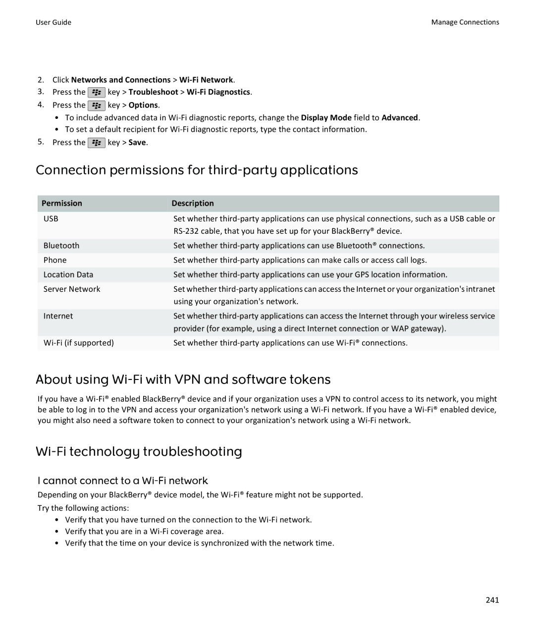 Blackberry 9100, 9105 Connection permissions for third-party applications, About using Wi-Fi with VPN and software tokens 