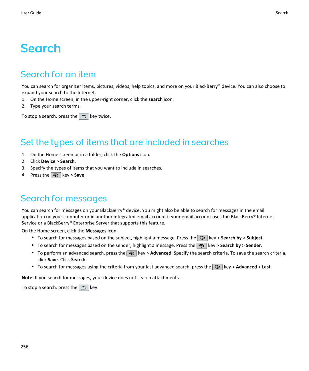 Blackberry 9105, 9100 Search for an item, Set the types of items that are included in searches, Search for messages 