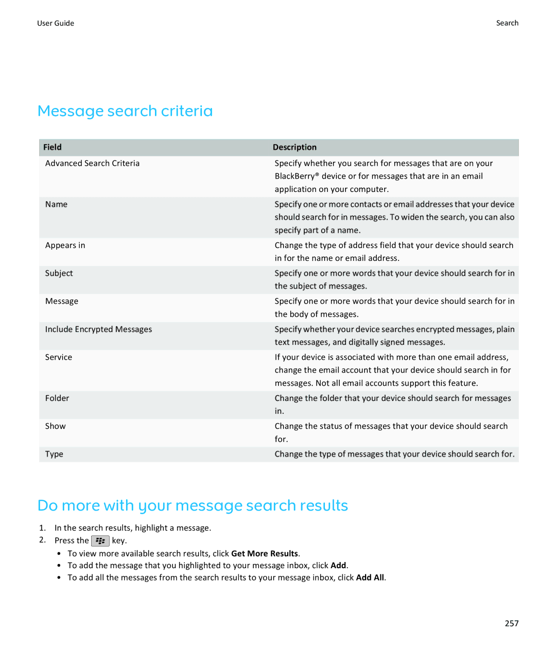 Blackberry 9100, 9105 manual Message search criteria, Do more with your message search results, Field Description 