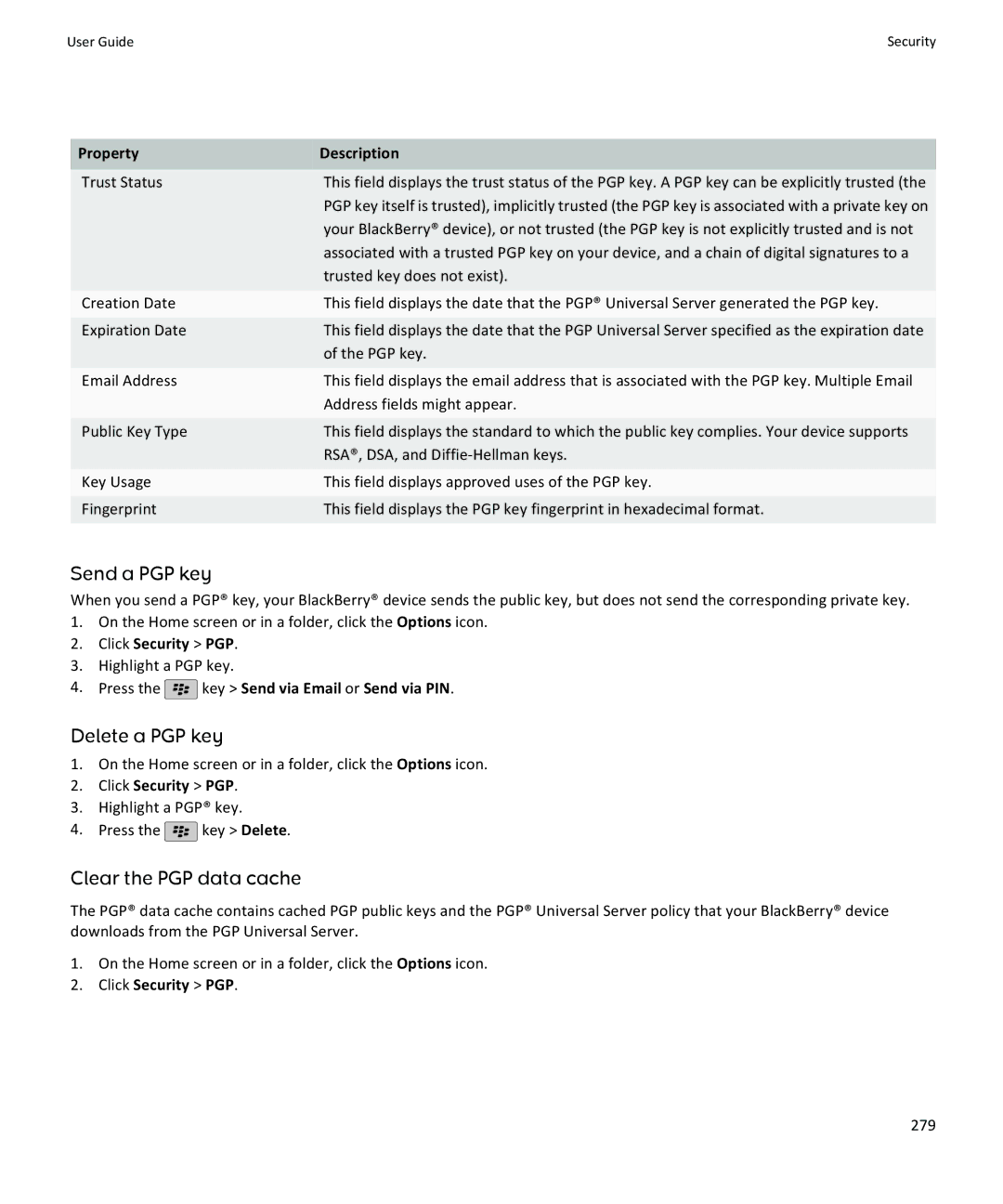 Blackberry 9100, 9105 manual Send a PGP key, Delete a PGP key, Clear the PGP data cache 