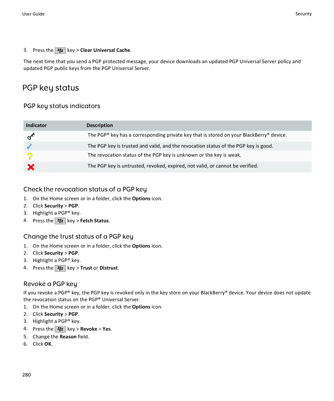 Blackberry 9105, 9100 manual PGP key status indicators, Check the revocation status of a PGP key, Revoke a PGP key 