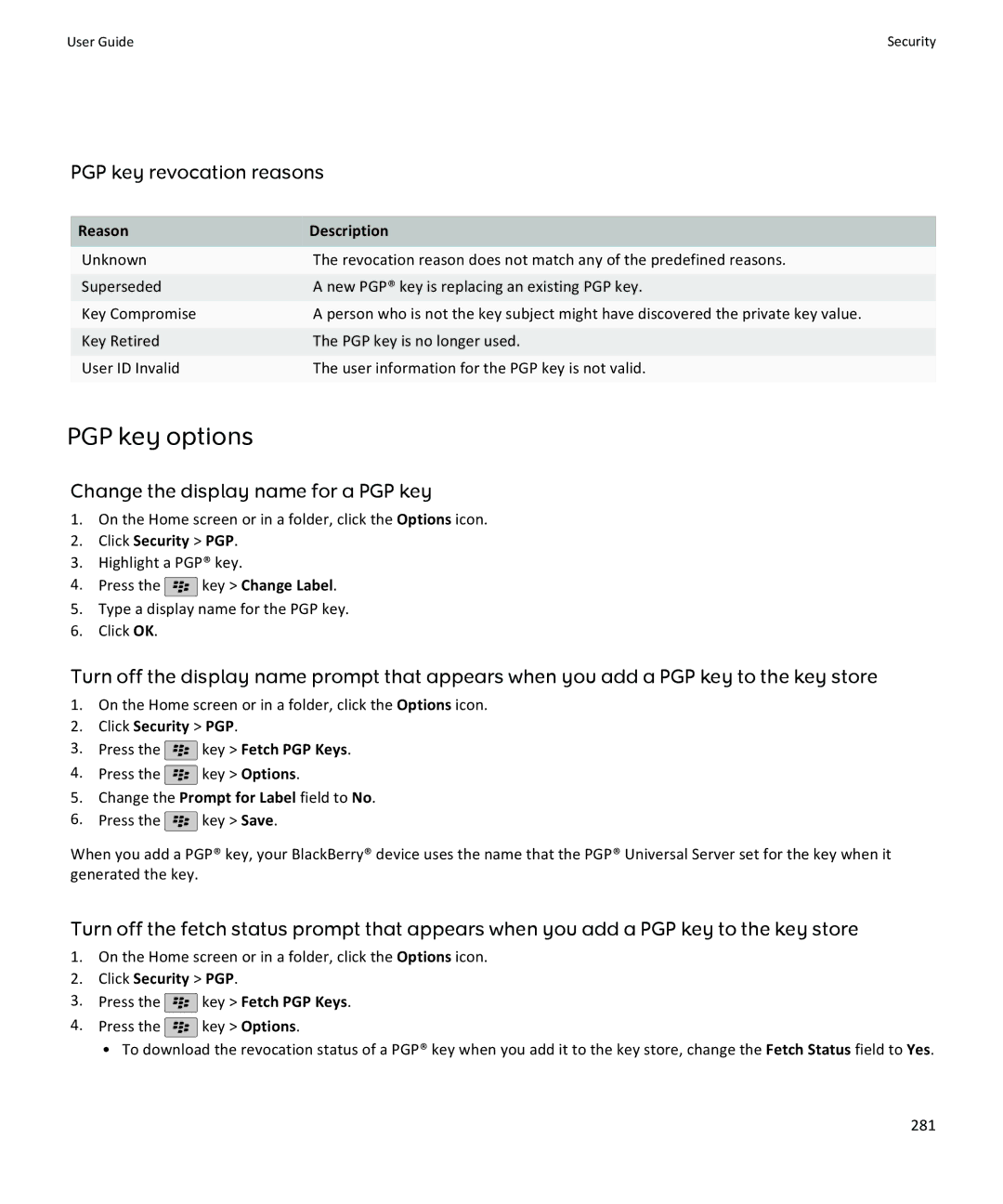 Blackberry 9100, 9105 manual PGP key options, PGP key revocation reasons, Change the display name for a PGP key, 281 