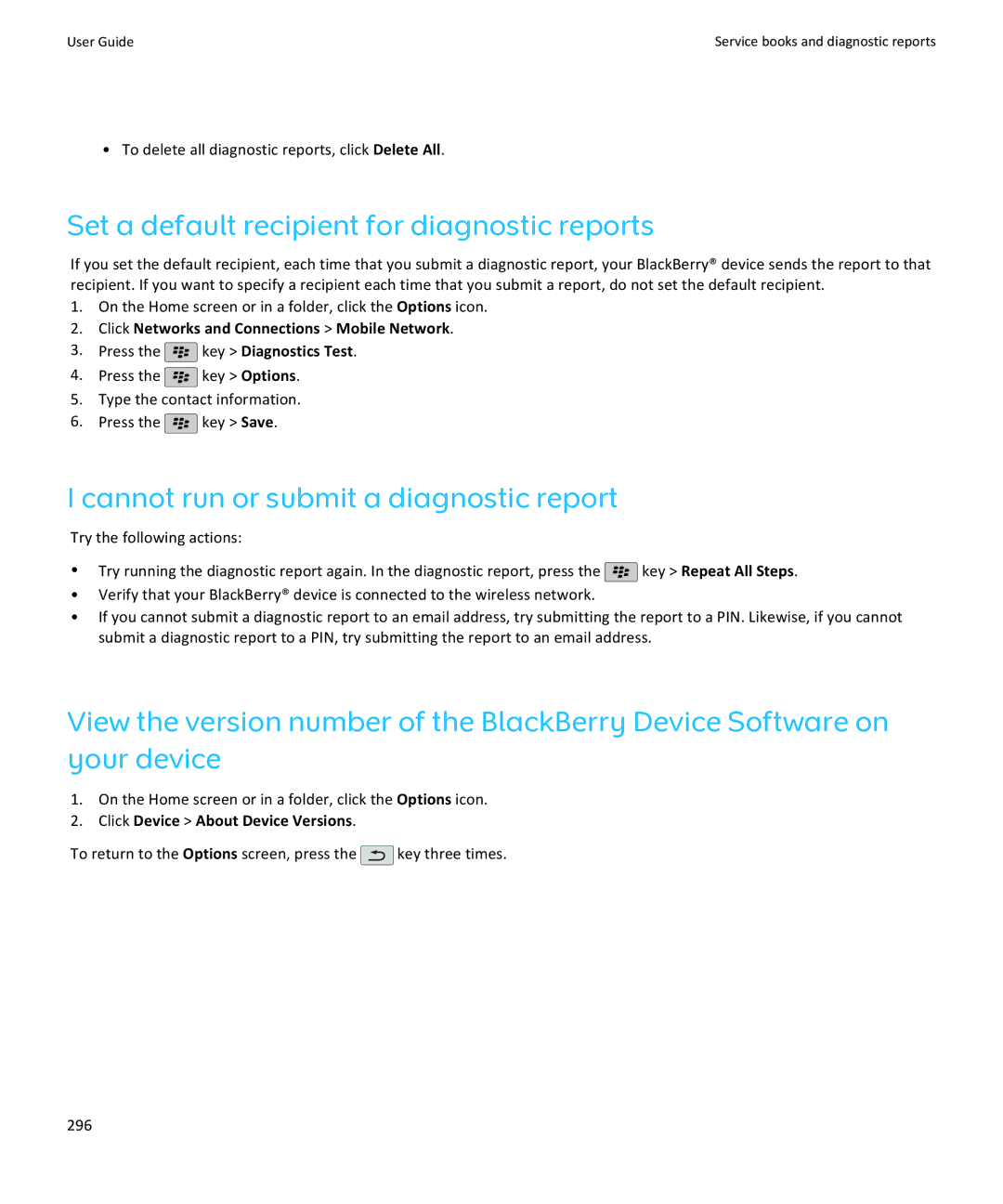 Blackberry 9105, 9100 manual Set a default recipient for diagnostic reports, Cannot run or submit a diagnostic report 