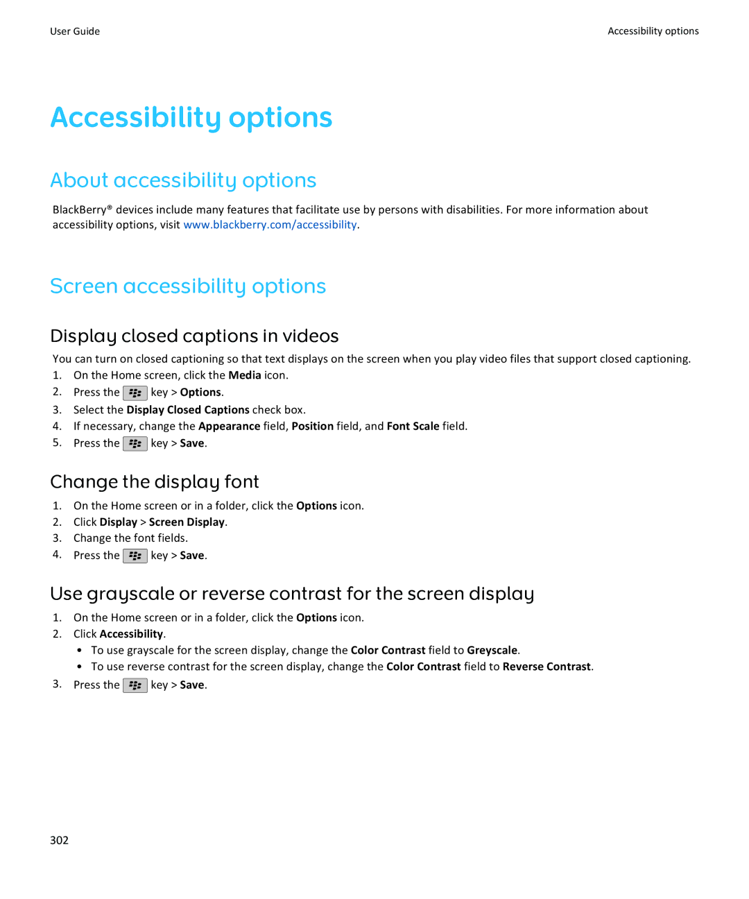 Blackberry 9105 Accessibility options, About accessibility options Screen accessibility options, Change the display font 