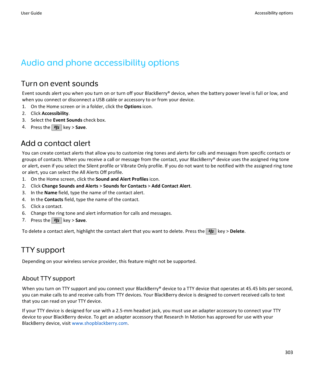 Blackberry 9100, 9105 manual Audio and phone accessibility options, Turn on event sounds, Add a contact alert, TTY support 