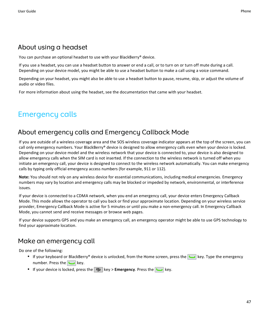 Blackberry 9100, 9105 manual Emergency calls, About using a headset, About emergency calls and Emergency Callback Mode 