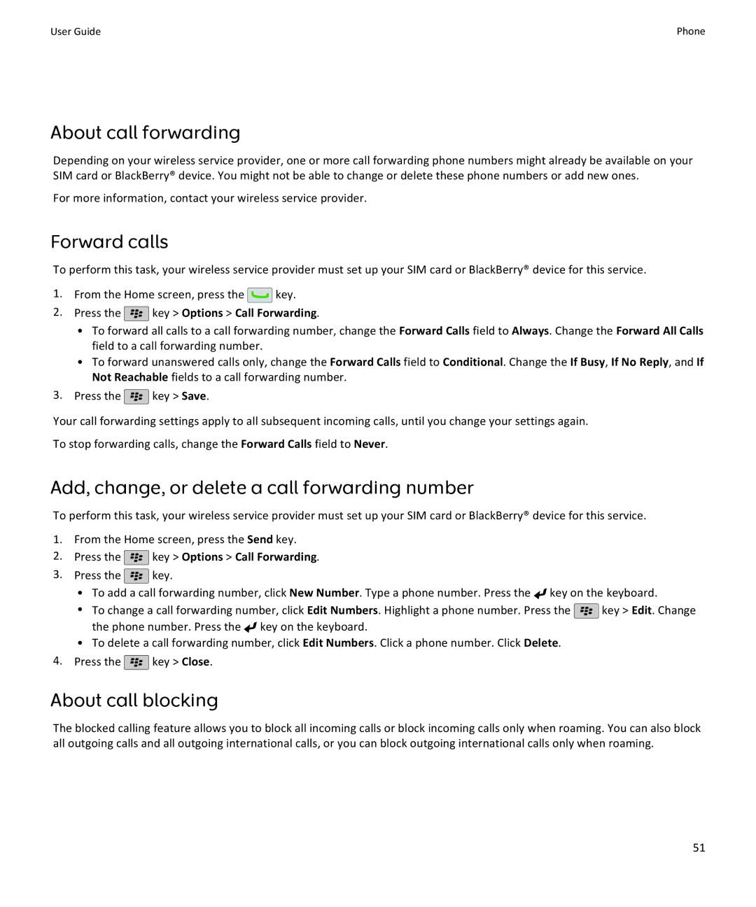 Blackberry 9100 About call forwarding, Forward calls, Add, change, or delete a call forwarding number, About call blocking 