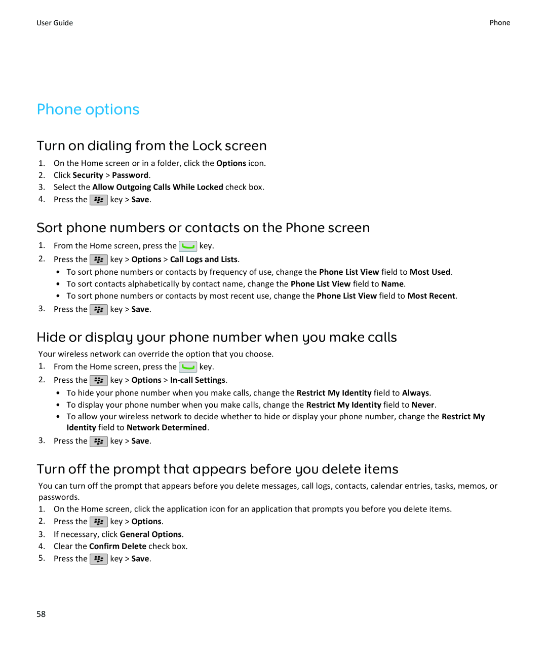 Blackberry 9105 Phone options, Turn on dialing from the Lock screen, Sort phone numbers or contacts on the Phone screen 