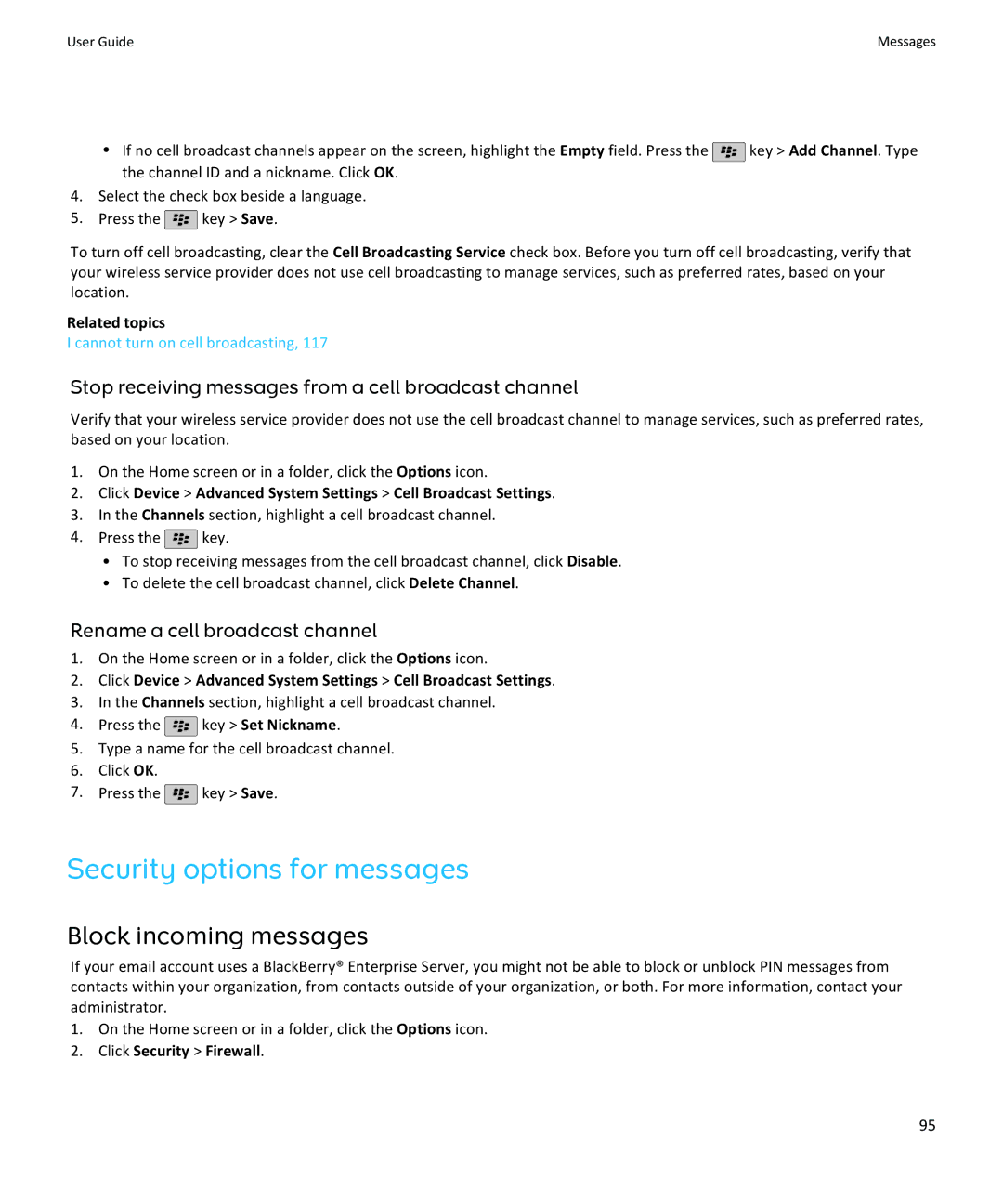 Blackberry 9100, 9105 manual Security options for messages, Block incoming messages, Rename a cell broadcast channel 