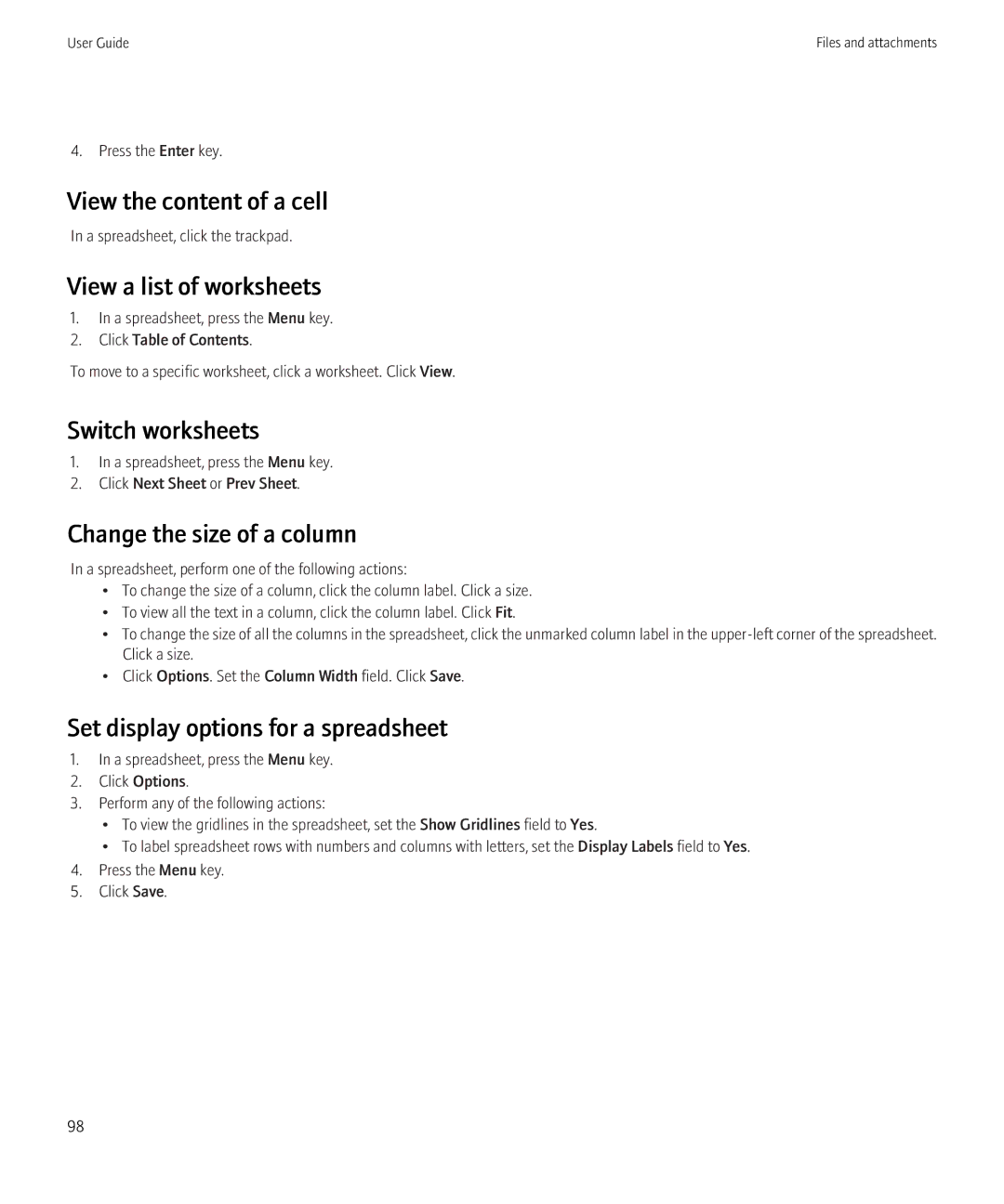 Blackberry 9300 Version: 5.0 manual View the content of a cell, View a list of worksheets, Switch worksheets 