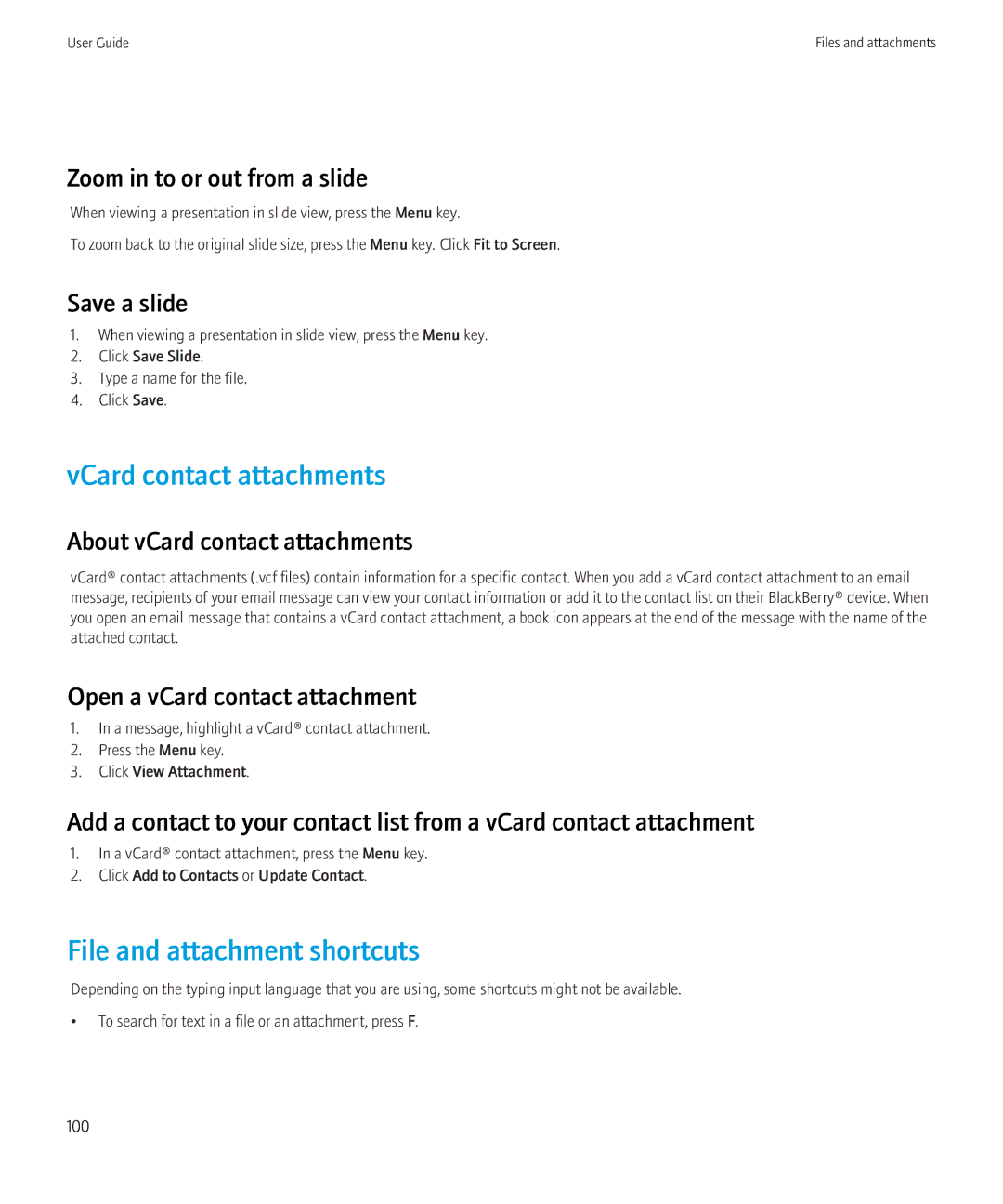 Blackberry 9300 Version: 5.0 manual VCard contact attachments, Zoom in to or out from a slide, Save a slide 