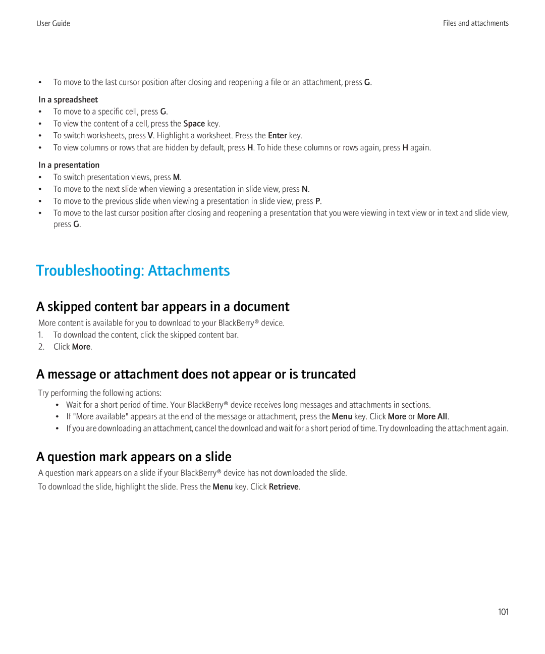 Blackberry 9300 Version: 5.0 manual Troubleshooting Attachments, Skipped content bar appears in a document 