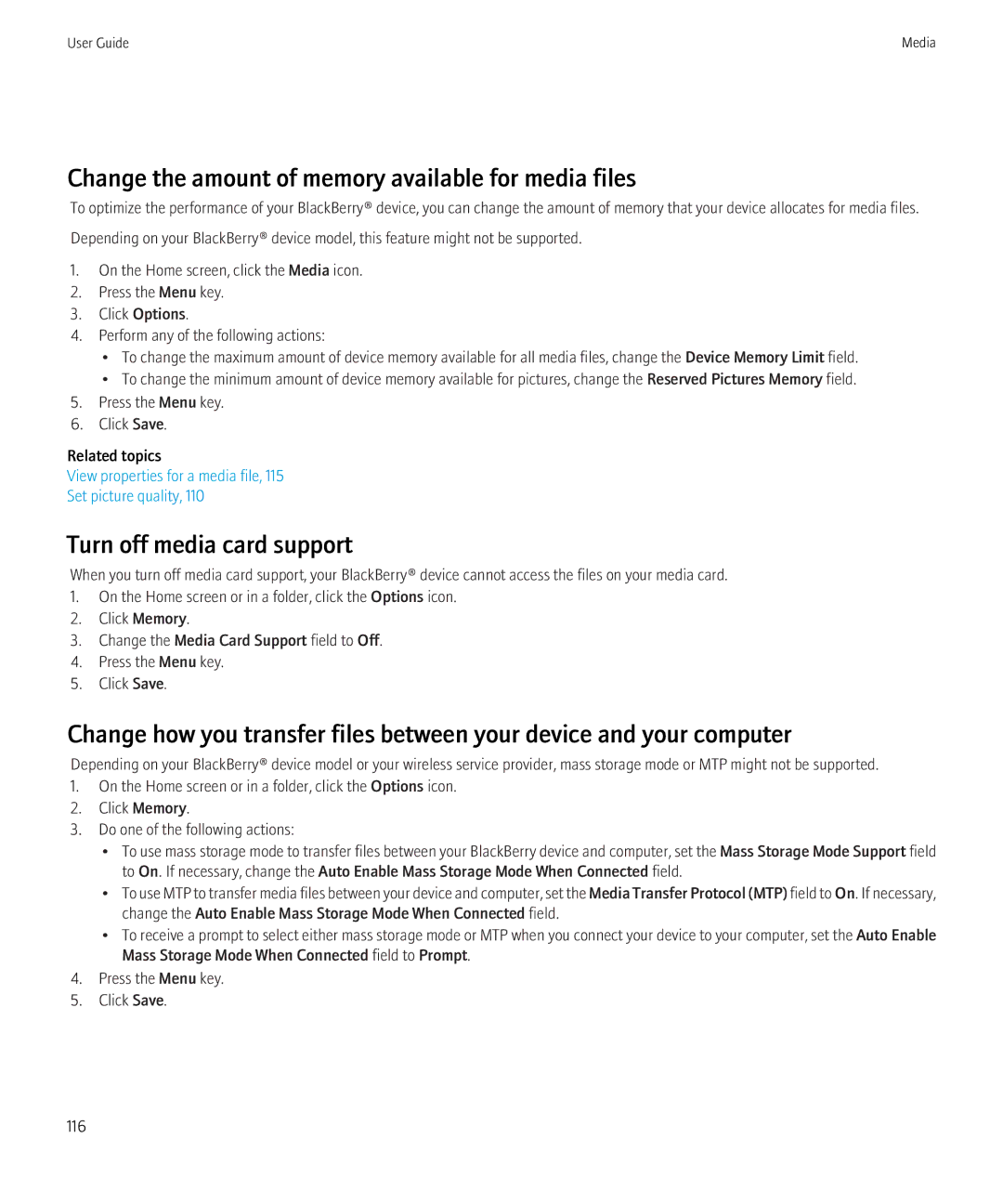 Blackberry 9300 Version: 5.0 manual Change the amount of memory available for media files, Turn off media card support 