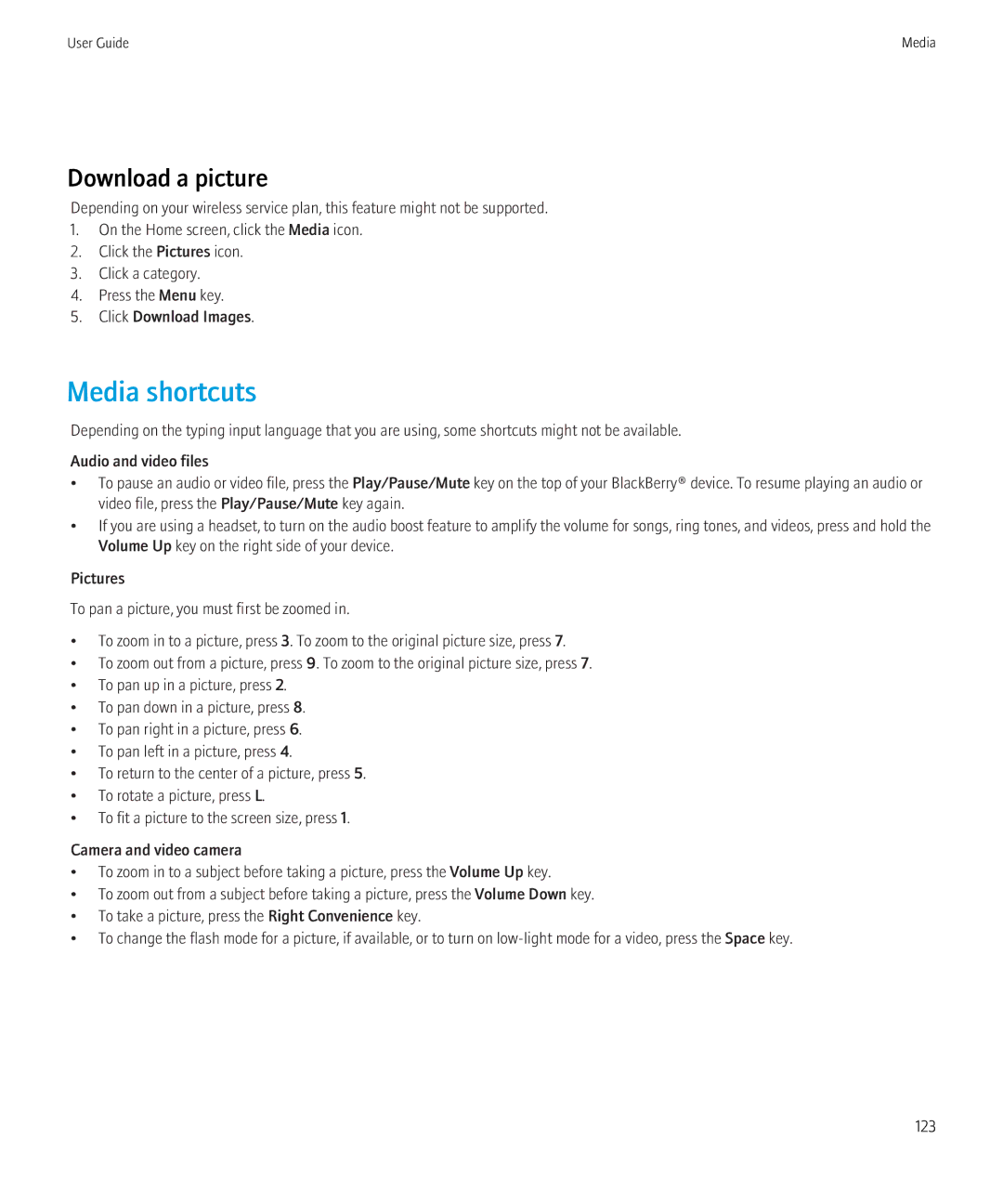 Blackberry 9300 Version: 5.0 manual Media shortcuts, Download a picture 