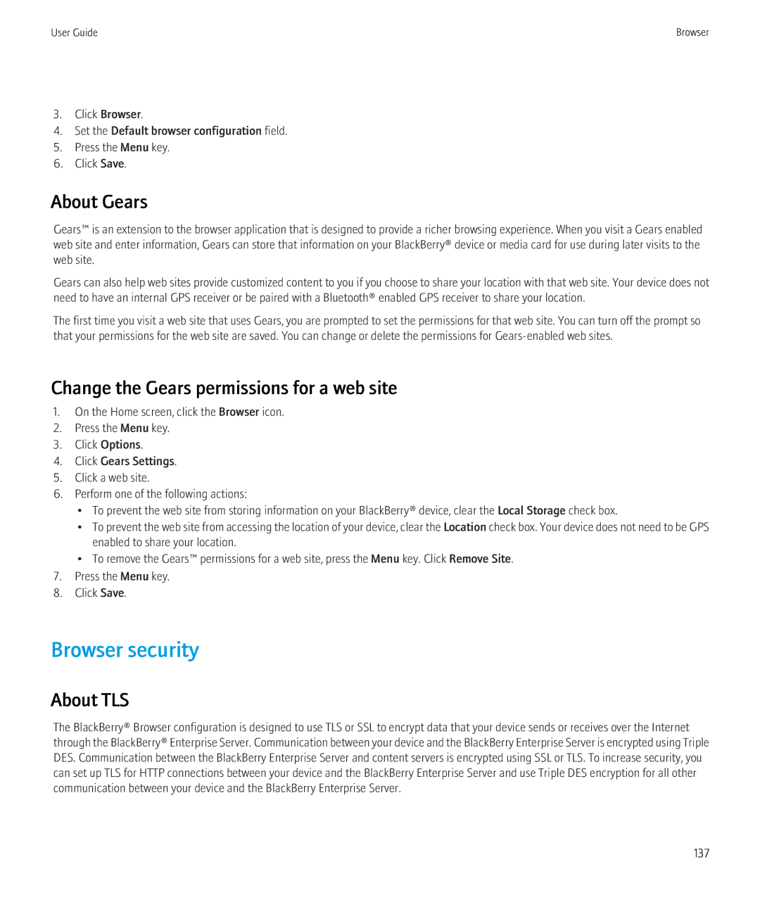 Blackberry 9300 Version: 5.0 manual Browser security, About Gears, Change the Gears permissions for a web site, About TLS 