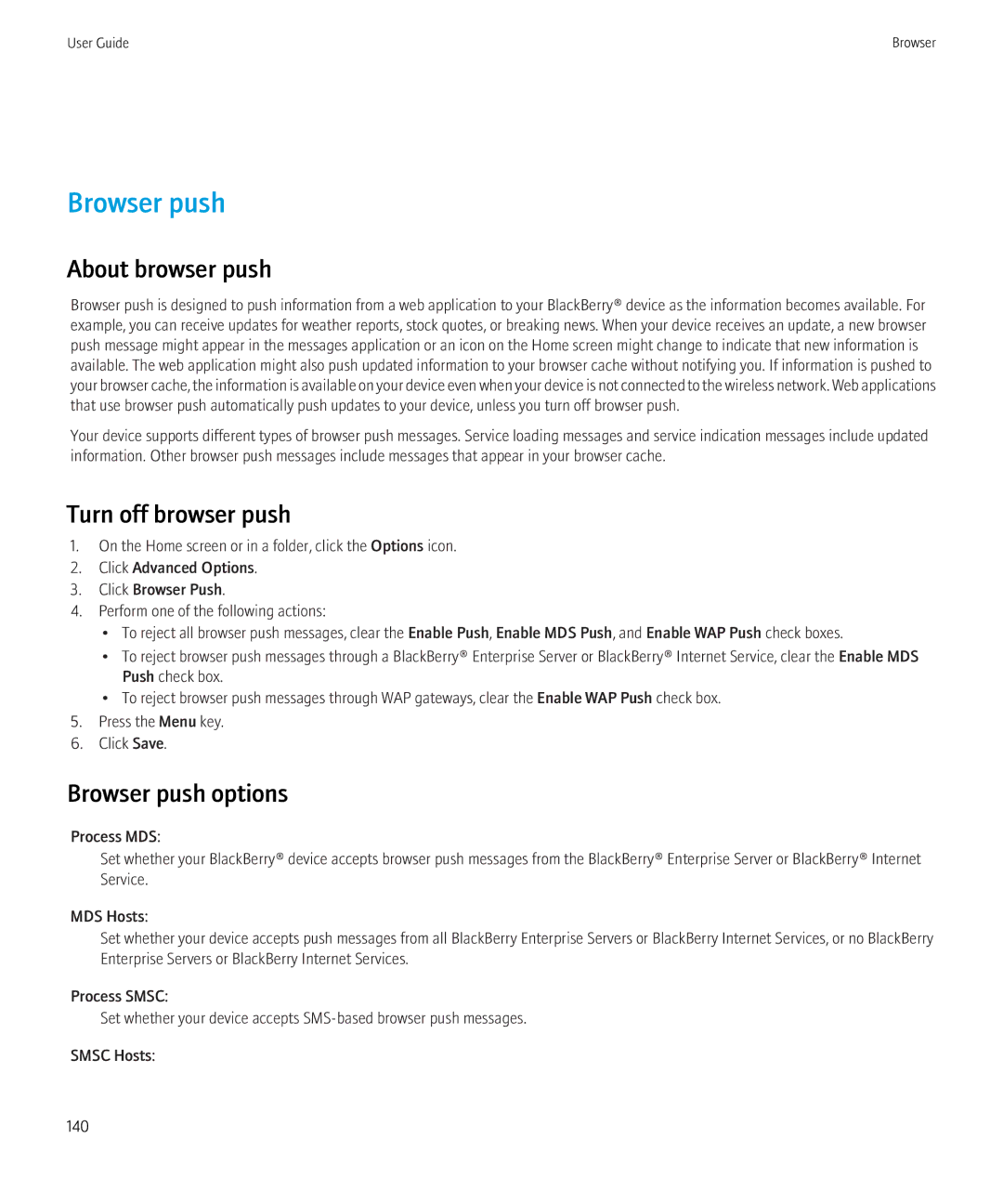 Blackberry 9300 Version: 5.0 manual About browser push, Turn off browser push, Browser push options 