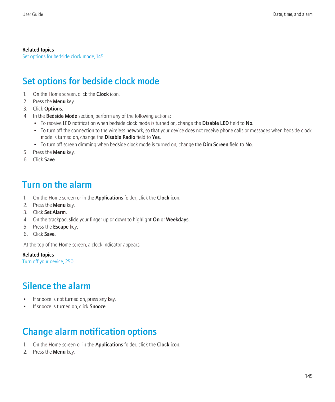 Blackberry 9300 Version: 5.0 manual Set options for bedside clock mode, Turn on the alarm, Silence the alarm 