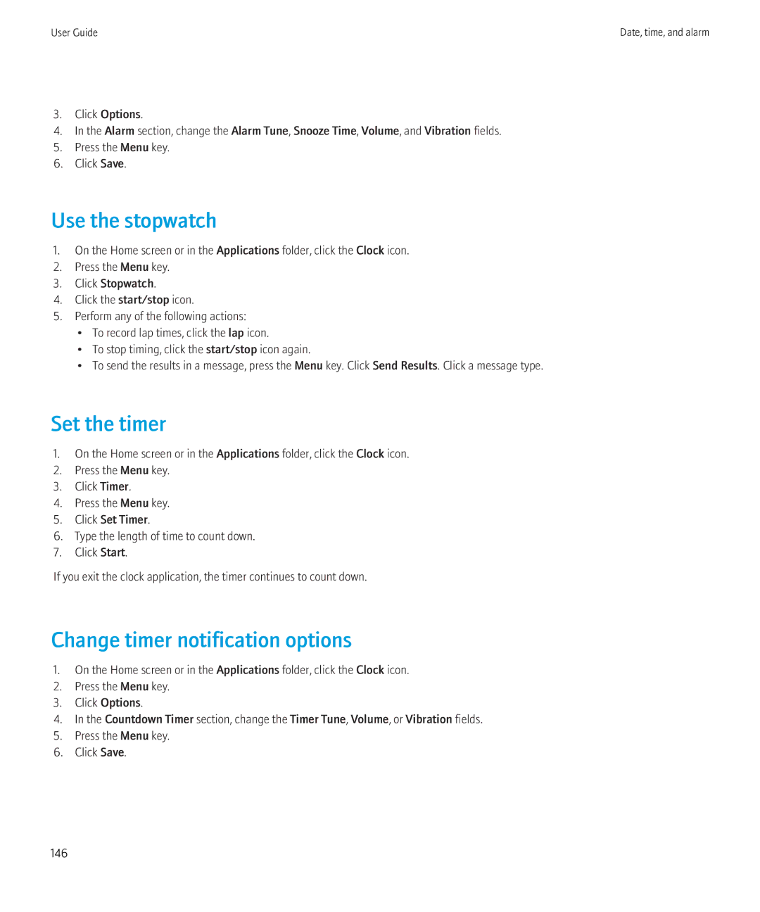 Blackberry 9300 Version: 5.0 manual Use the stopwatch, Set the timer, Change timer notification options 