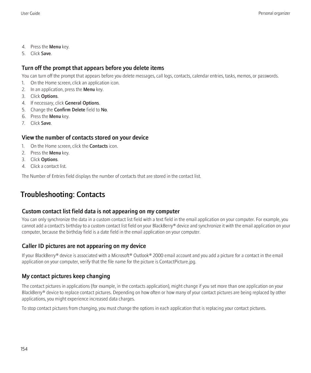 Blackberry 9300 Version: 5.0 manual Troubleshooting Contacts, Turn off the prompt that appears before you delete items 