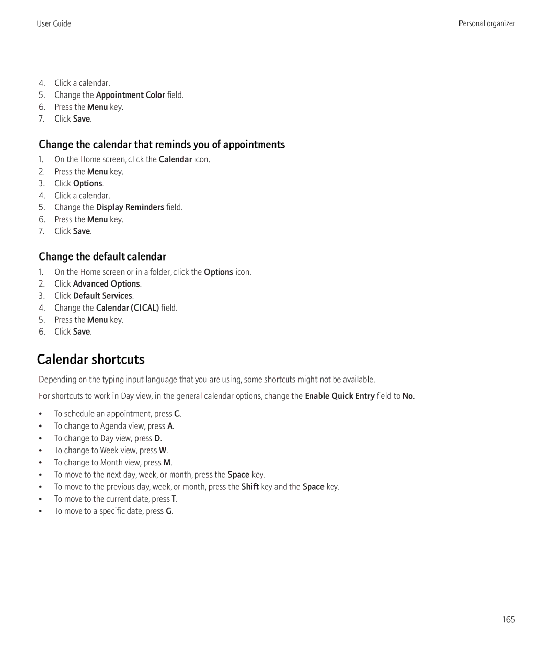 Blackberry 9300 Version: 5.0 manual Calendar shortcuts, Change the calendar that reminds you of appointments 