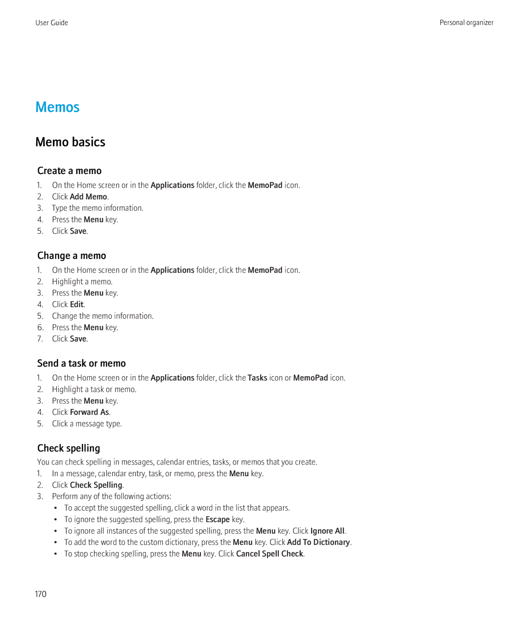 Blackberry 9300 Version: 5.0 manual Memos, Memo basics, Create a memo, Change a memo 