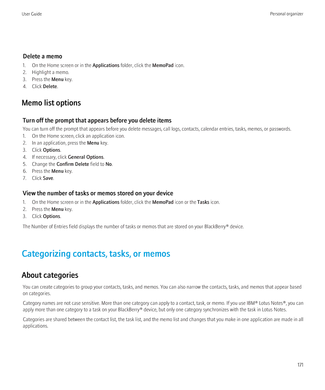 Blackberry 9300 Version: 5.0 Categorizing contacts, tasks, or memos, Memo list options, About categories, Delete a memo 