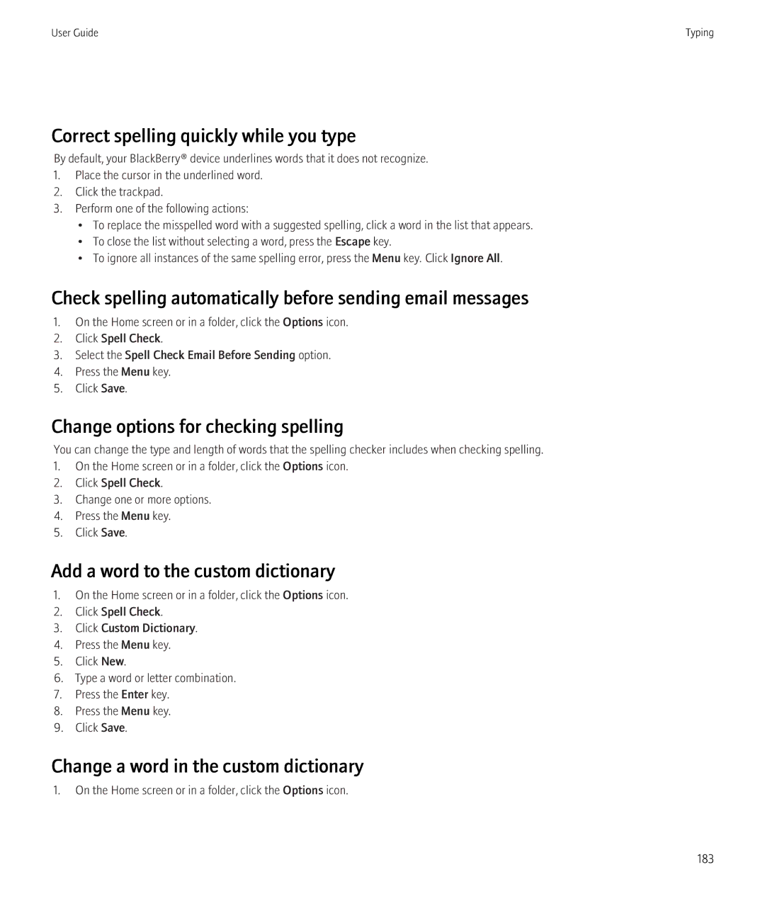 Blackberry 9300 Version: 5.0 manual Correct spelling quickly while you type, Change options for checking spelling 