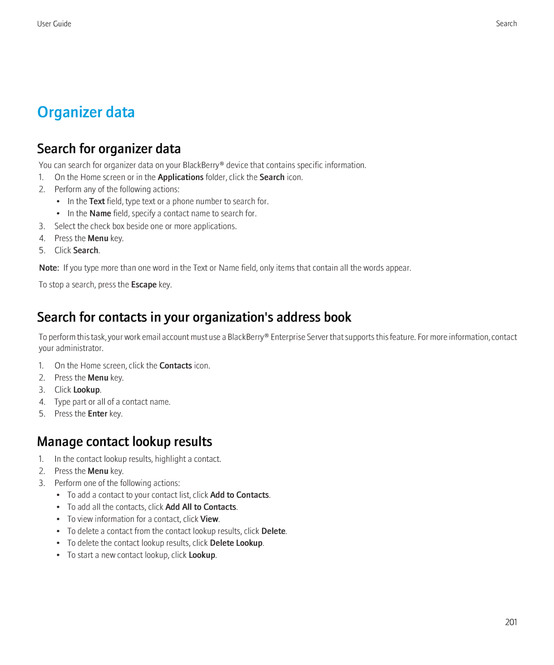 Blackberry 9300 Version: 5.0 manual Organizer data, Search for organizer data, Manage contact lookup results 