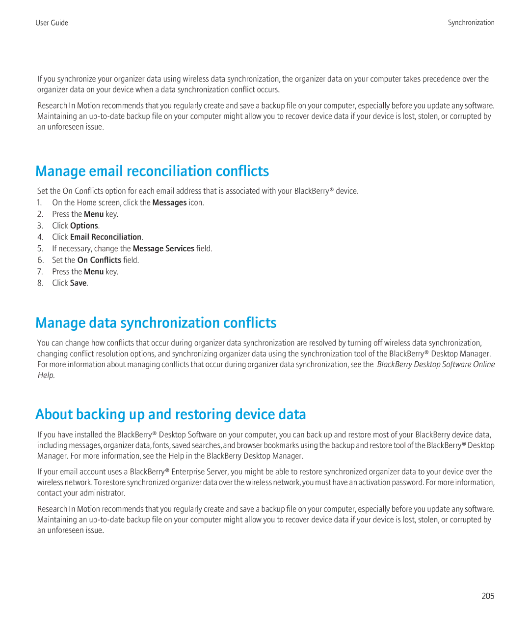 Blackberry 9300 Version: 5.0 manual Manage email reconciliation conflicts, Manage data synchronization conflicts 