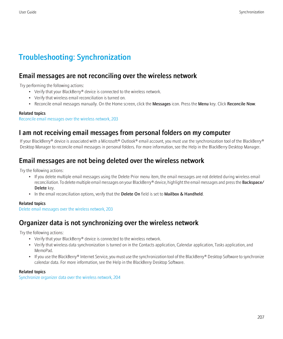 Blackberry 9300 Version: 5.0 Troubleshooting Synchronization, Email messages are not reconciling over the wireless network 