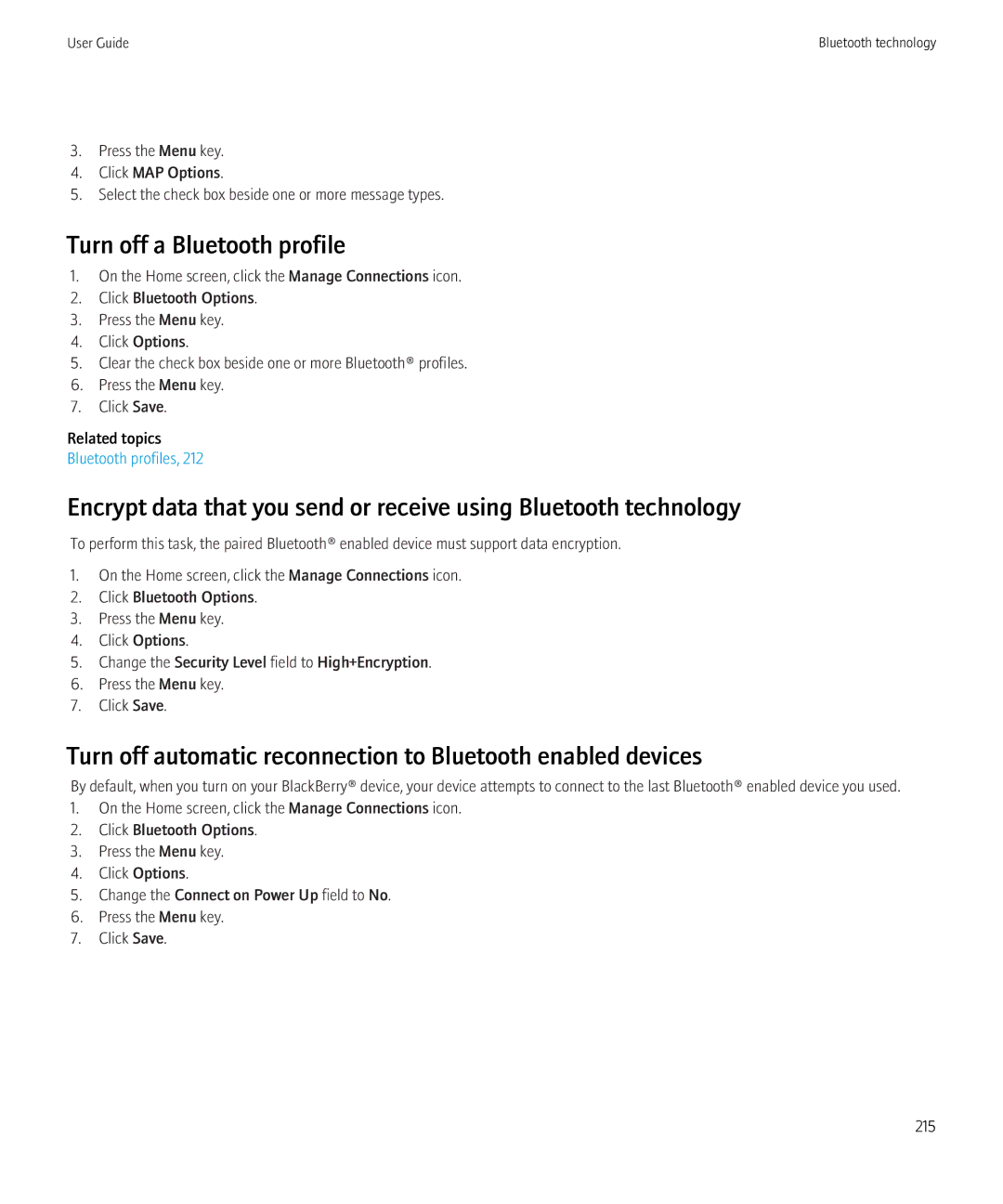 Blackberry 9300 Version: 5.0 Turn off a Bluetooth profile, Turn off automatic reconnection to Bluetooth enabled devices 