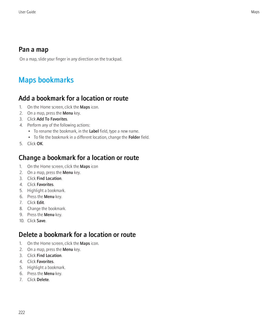 Blackberry 9300 Version: 5.0 manual Maps bookmarks, Pan a map, Add a bookmark for a location or route 