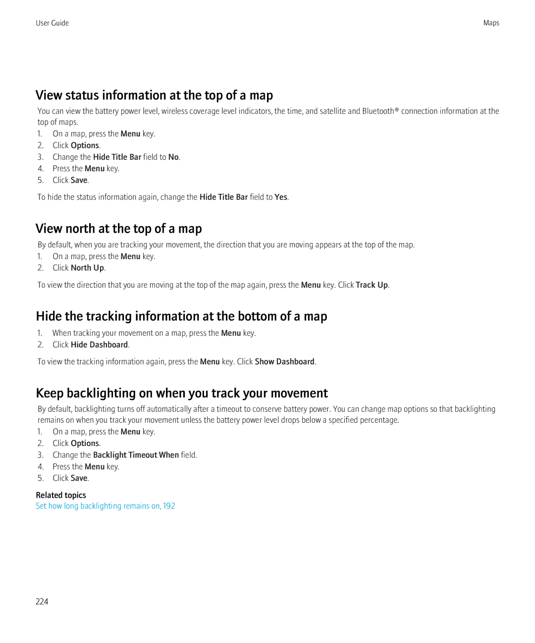 Blackberry 9300 Version: 5.0 manual View status information at the top of a map, View north at the top of a map 