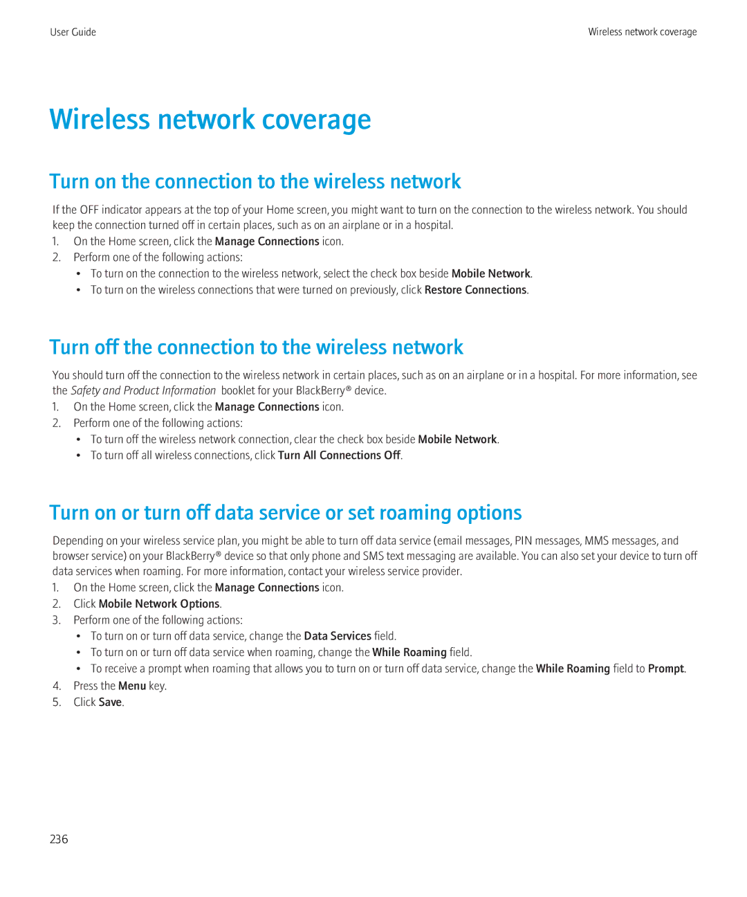 Blackberry 9300 Version: 5.0 manual Wireless network coverage, Turn on the connection to the wireless network 