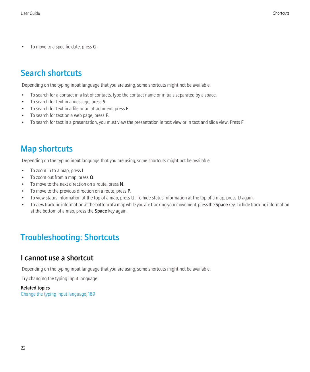 Blackberry 9300 Version: 5.0 manual Search shortcuts, Map shortcuts, Troubleshooting Shortcuts, Cannot use a shortcut 