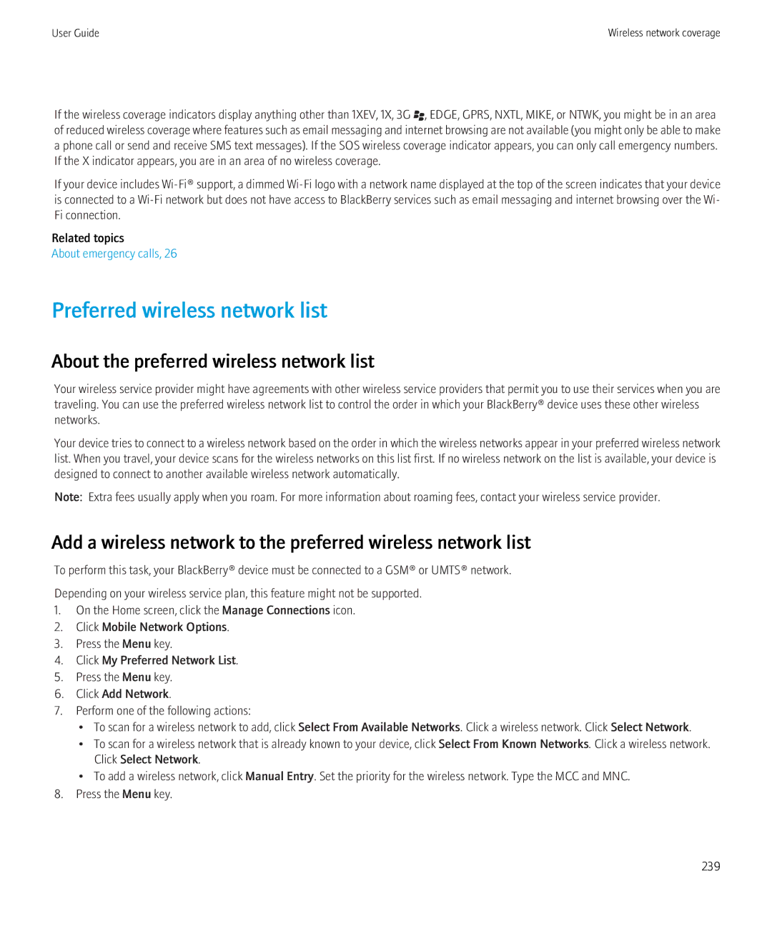 Blackberry 9300 Version: 5.0 manual Preferred wireless network list, About the preferred wireless network list 