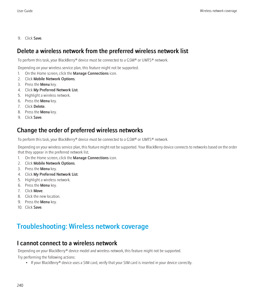 Blackberry 9300 Version: 5.0 Troubleshooting Wireless network coverage, Change the order of preferred wireless networks 