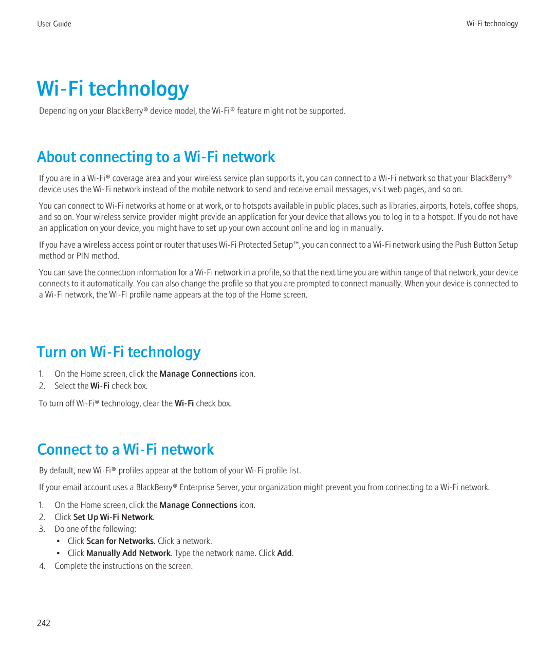 Blackberry 9300 Version: 5.0 About connecting to a Wi-Fi network, Turn on Wi-Fi technology, Connect to a Wi-Fi network 