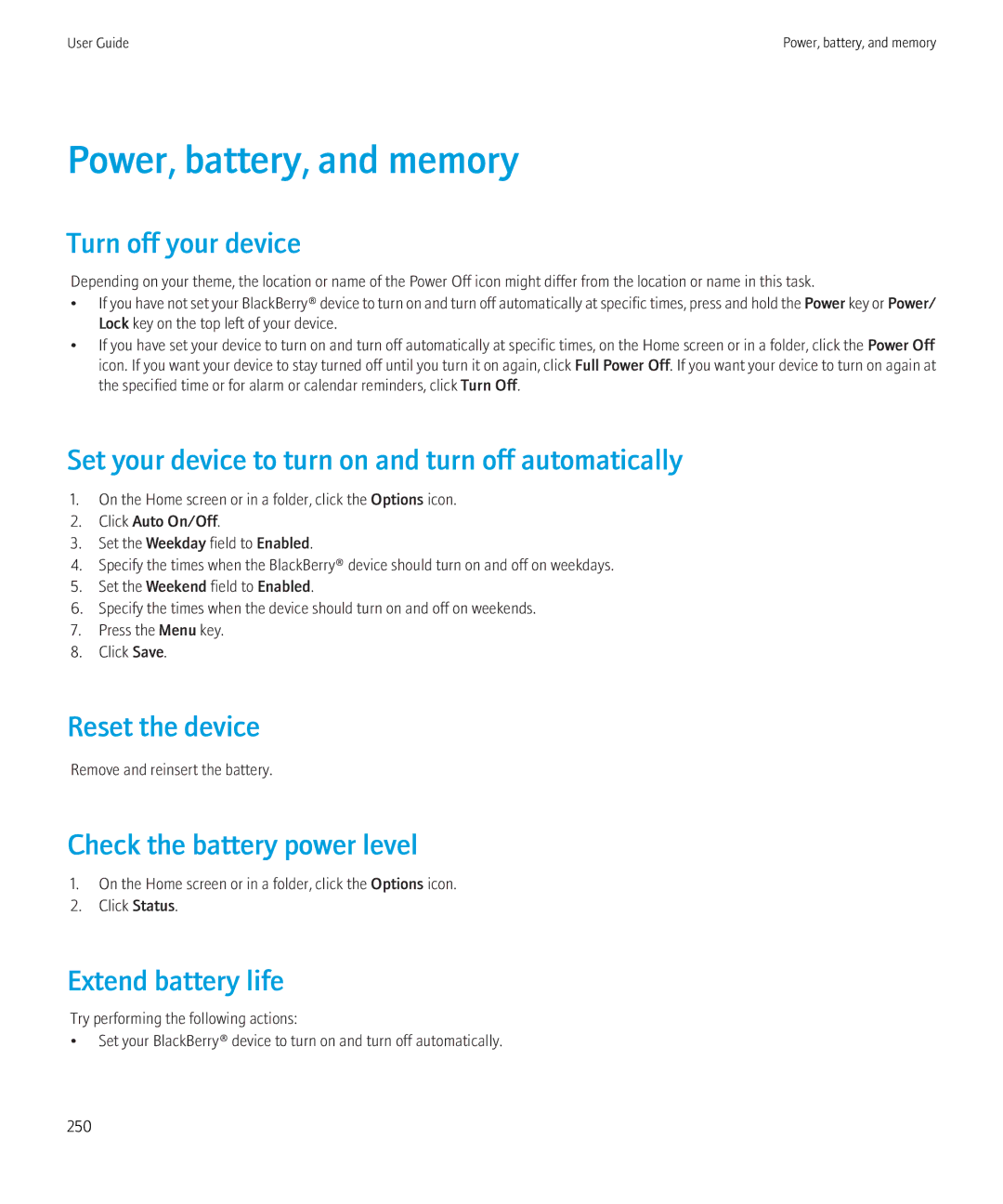 Blackberry 9300 Version: 5.0 manual Power, battery, and memory 