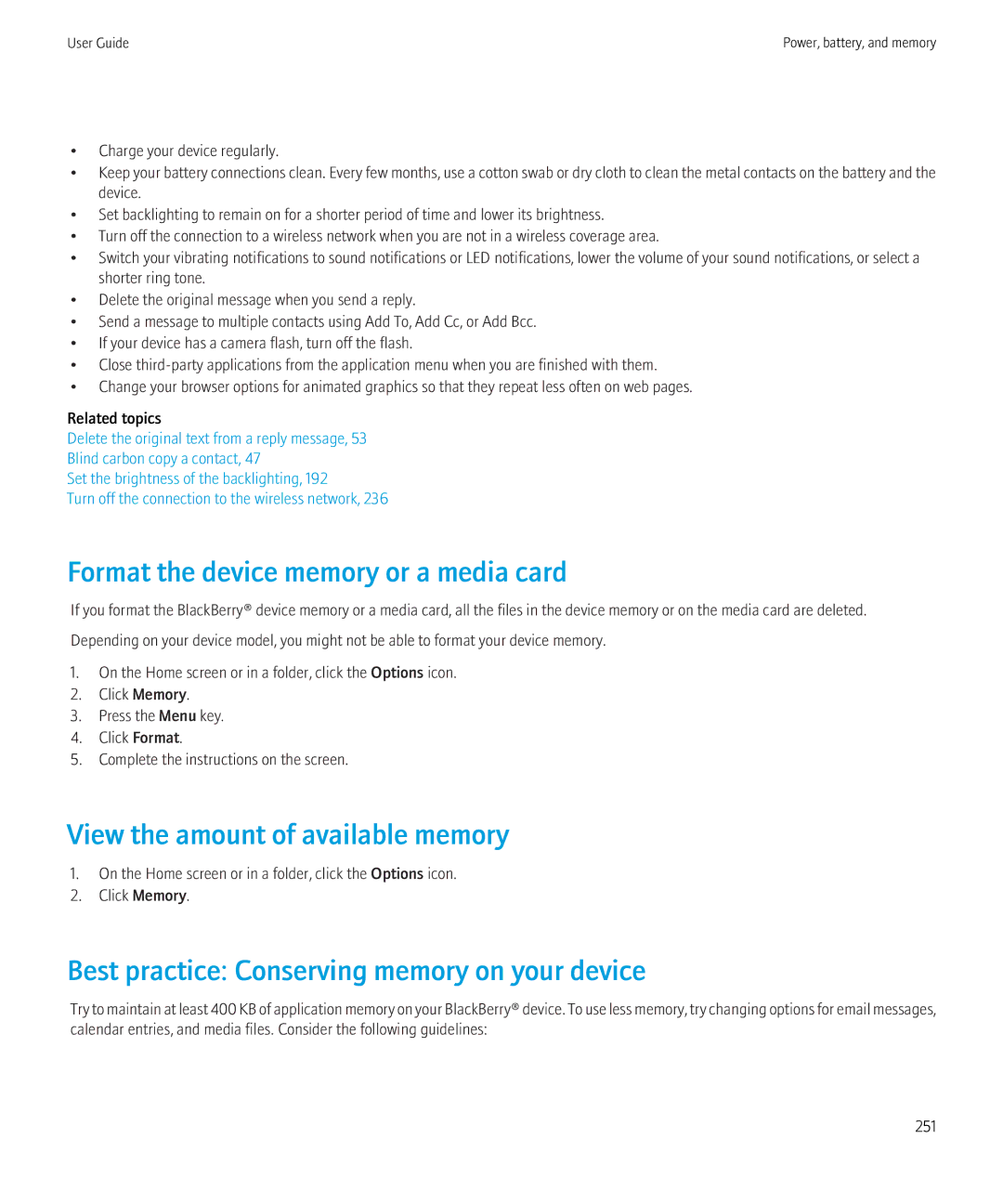 Blackberry 9300 Version: 5.0 manual Format the device memory or a media card, View the amount of available memory 