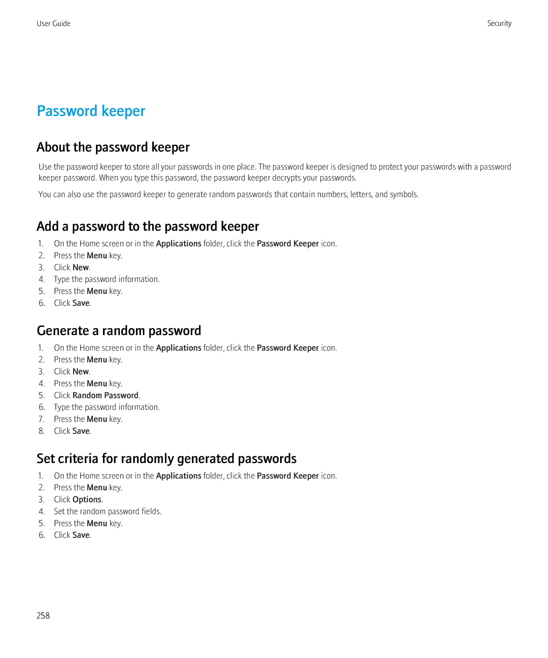 Blackberry 9300 Version: 5.0 manual Password keeper, About the password keeper, Add a password to the password keeper 