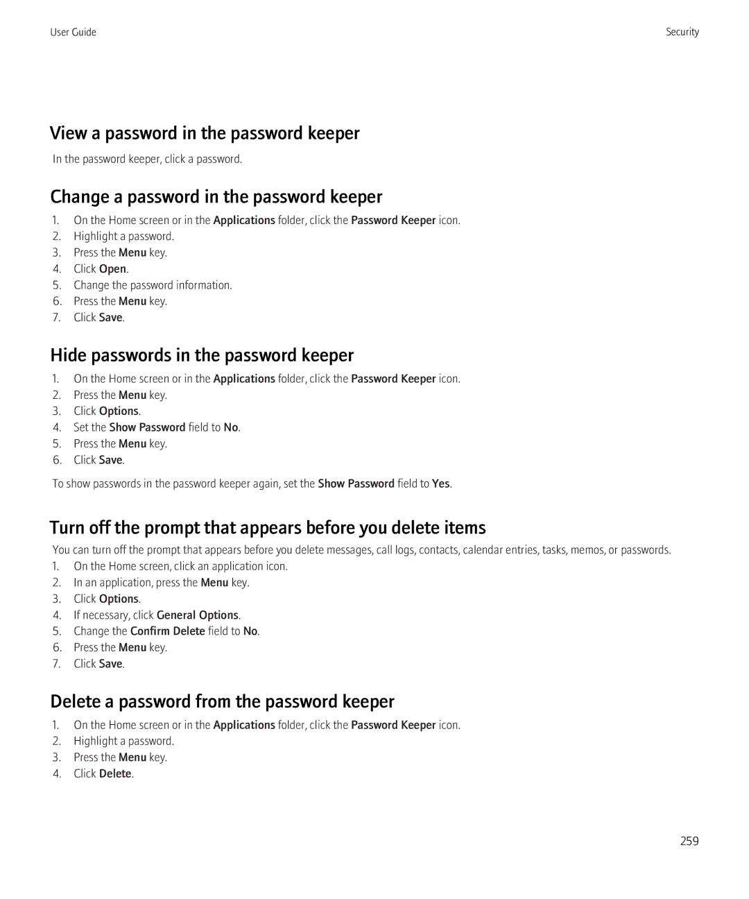 Blackberry 9300 Version: 5.0 manual View a password in the password keeper, Change a password in the password keeper 